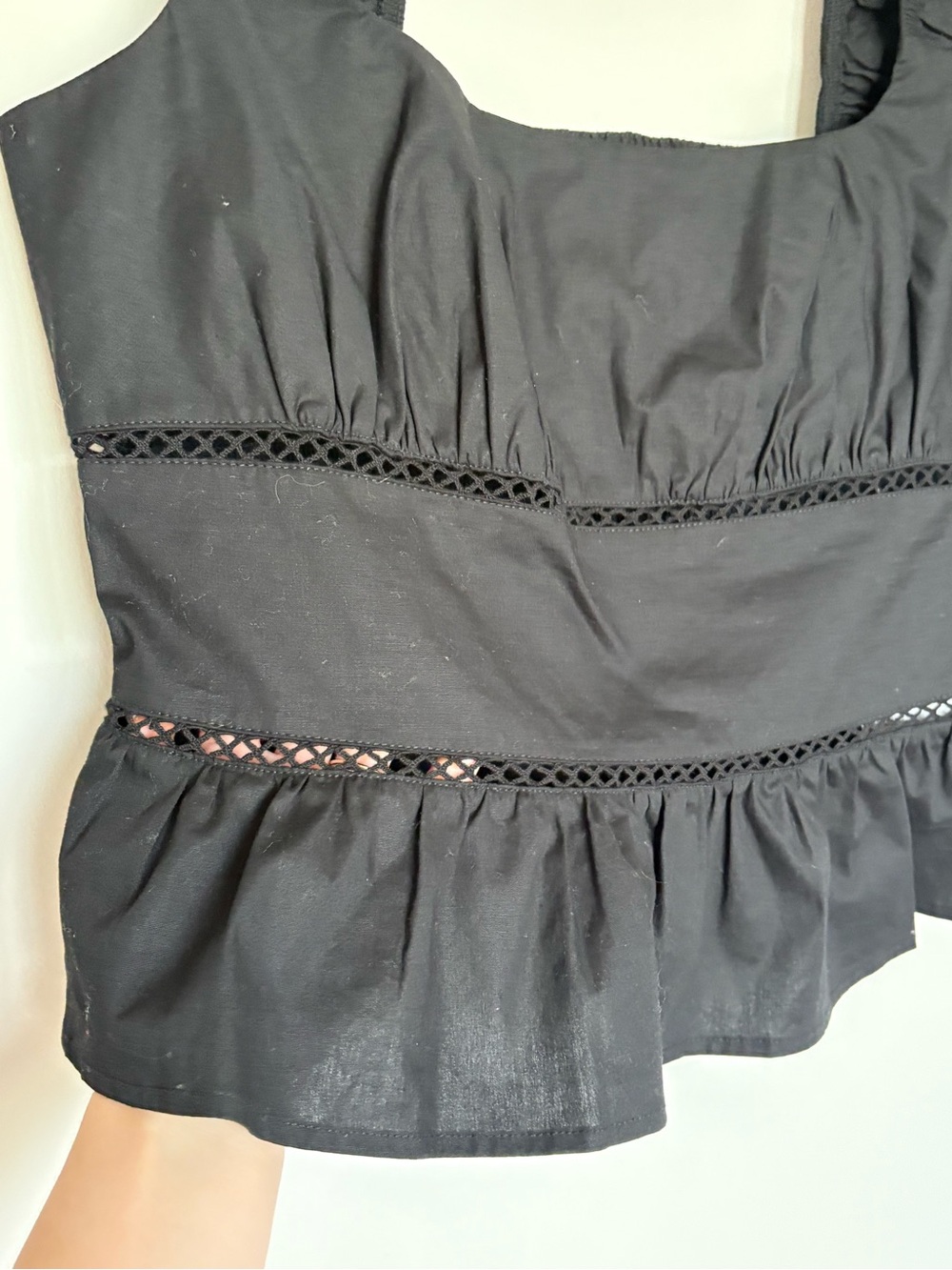 NWT Wild Fable Black Peplum Tank Top Medium M Crochet Cutout Smocked Square Neck - Picture 3 of 10